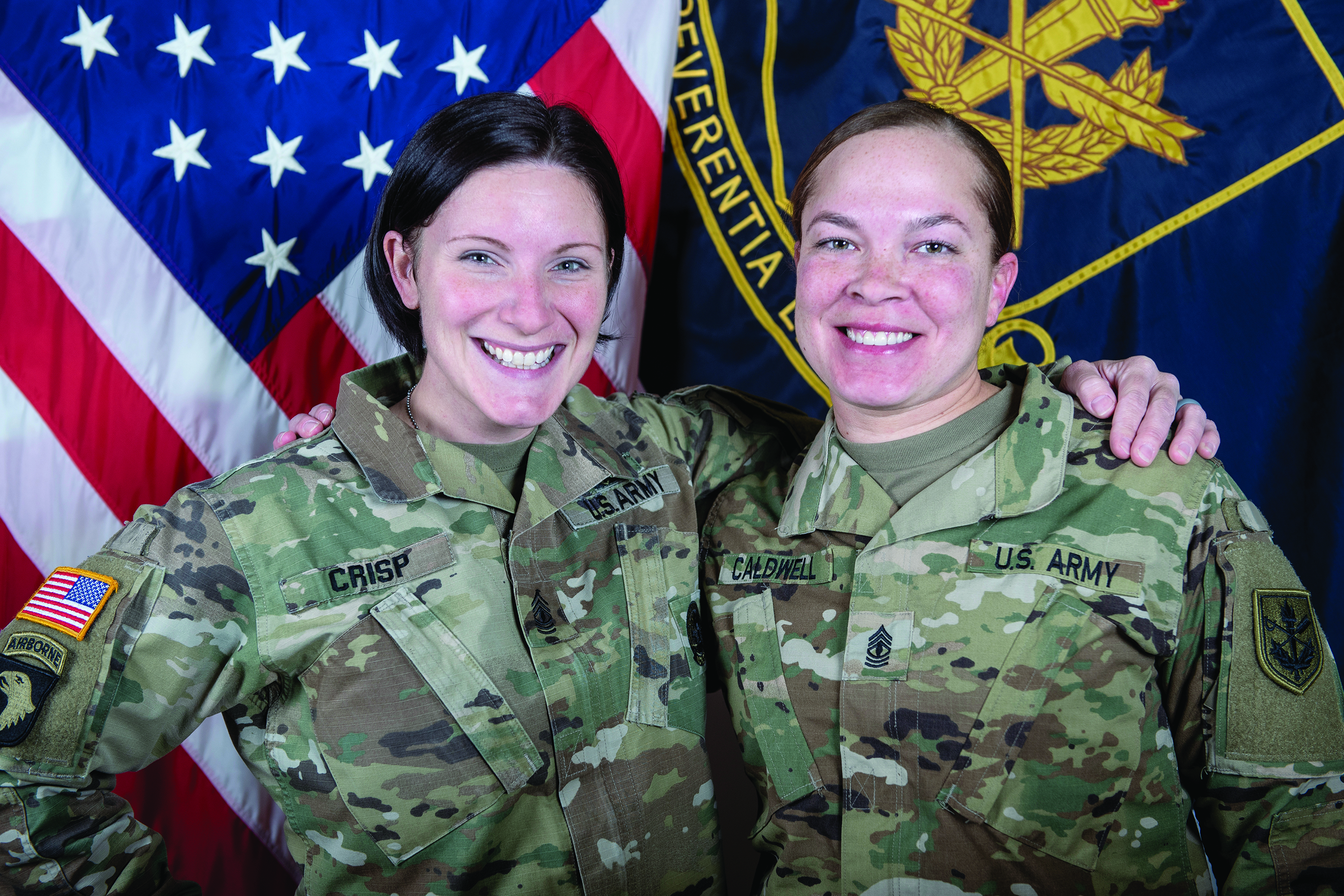 1SG Charlene Crisp, left, and 1SG Cierra Caldwell,
        right, are the first female First Sergeant duo at
        TJAGLCS. 1SG Caldwell is the senior NCO in the LCS’
        student detachment, and 1SG Crisp is the deputy
        commandant of the NCOA.